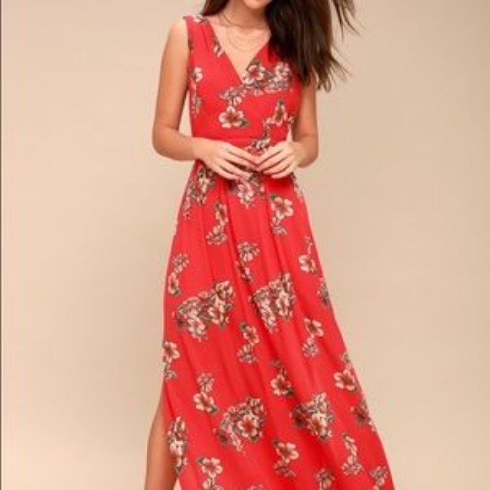 Lulus Coral Red Floral Tie-Back Maxi Dress